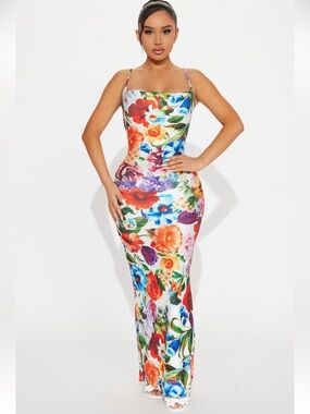 Fashion Nova Floral Satin Maxi Dress - White Base with Red, Blue & Orange Blooms